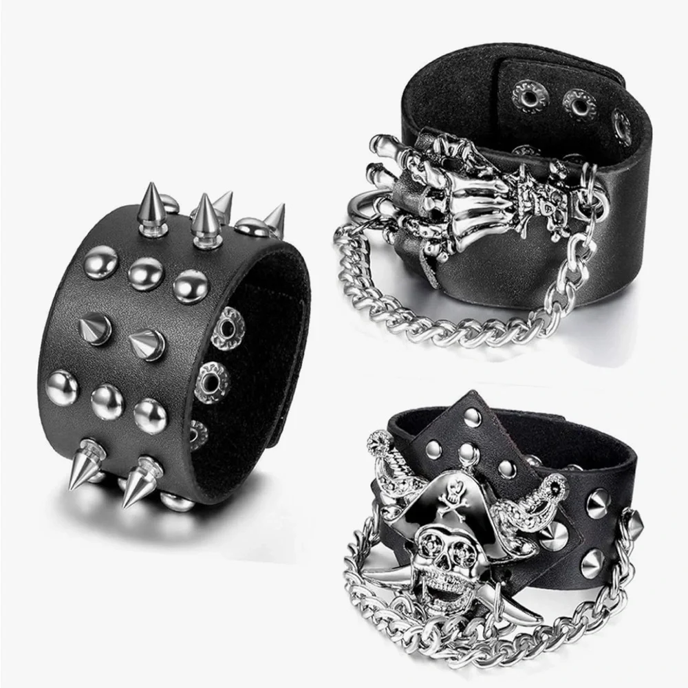 3PCS Spike Studded Bracelet: Rock Biker Wide Set Adjustable Spiked Leather Cuff